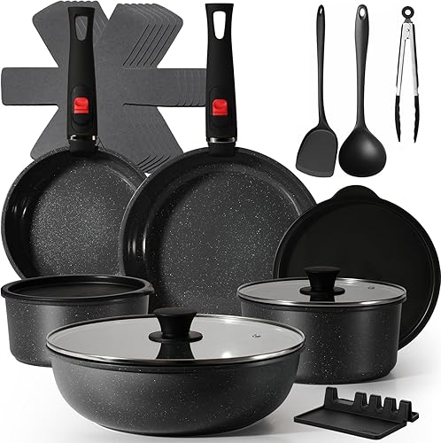 Miniatura 12 de Juego de utensilios de cocina de cerámica de 22 piezas, antiadherentes, juego de cocina antiadherentes, sartenes de 8 pulgadas con tapa, utensilios