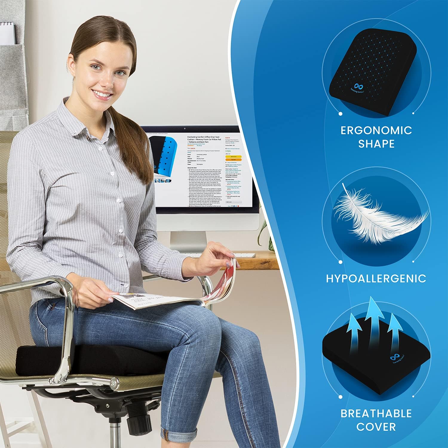 Everlasting Comfort Office Chair Seat Cushion - Memory Foam Car Pillow Pad - Tailbone and Back Pain : Office Products