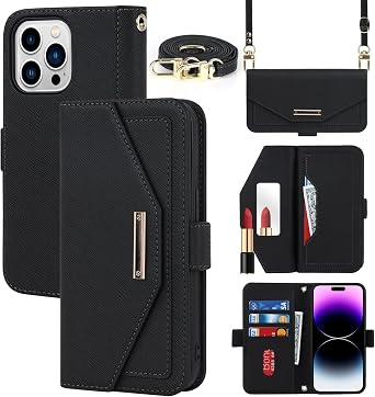 Crossbody Wallet for iPhone 15 Pro Max Case with Strap,6.7",Black