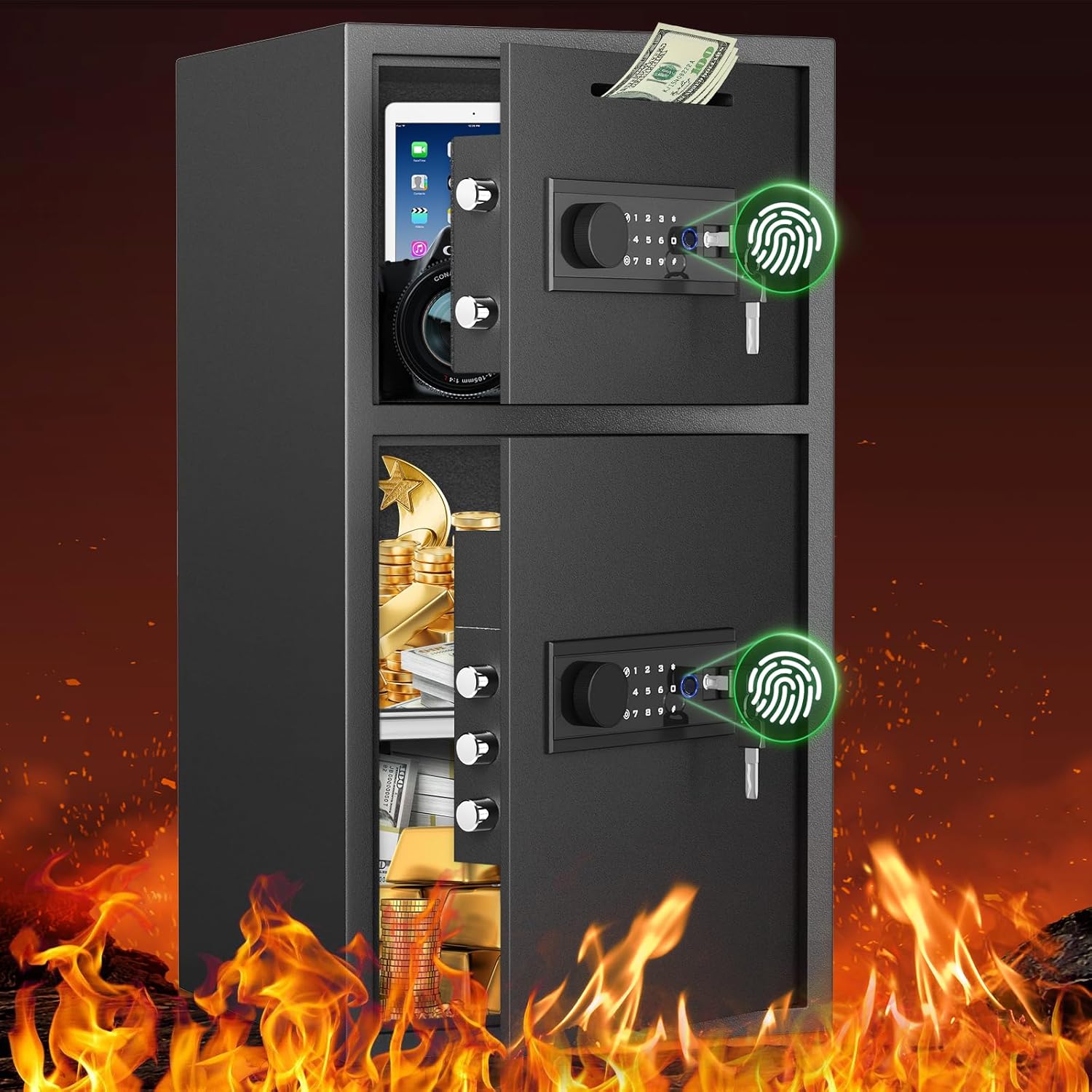 ZenithZest 6.0 Cub Large Safe with Depository Drop Slot and Fireproof Waterproof Bag, Double Door Biometric Home Safe for Documents, Cash, Jewelry & Valuables
