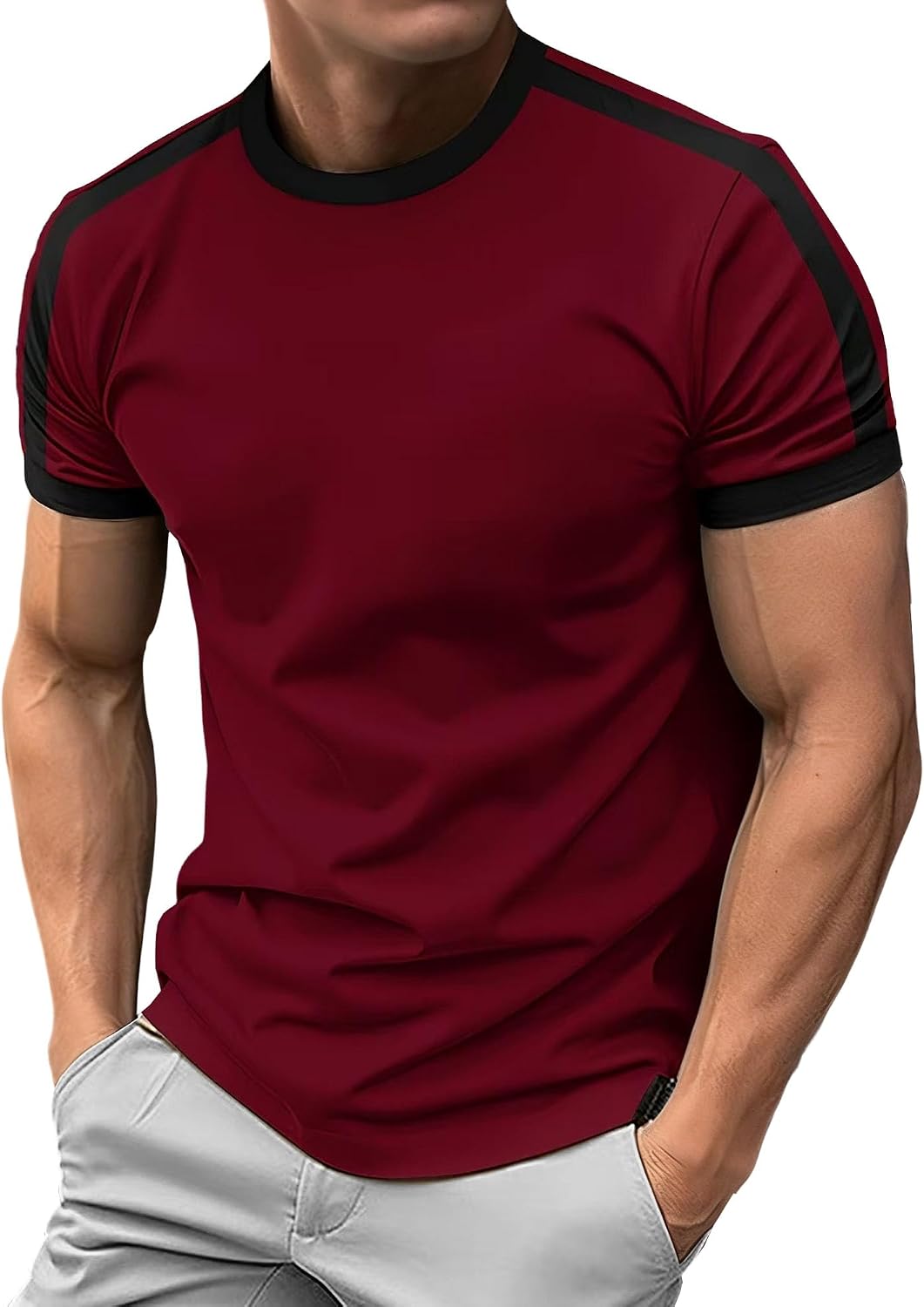 Men Summer Fashion Athletic Sport Tees Classic Street Round Collar T Shirts Summer Block Color Short Sleeve Shirt