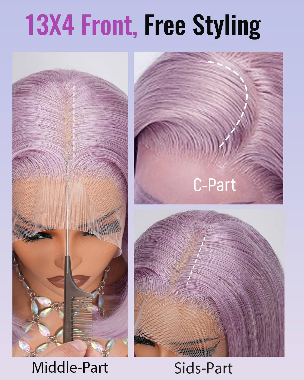 Sherico 13X4 HD Lilac Bob Wig Human Hair - 180% Density Glueless Short Lilac Lace Front Wig, Pre Plucked with Baby Hair & Bleached Knots, Brazilian Remy Blunt Cut Wear and Go for Black Women