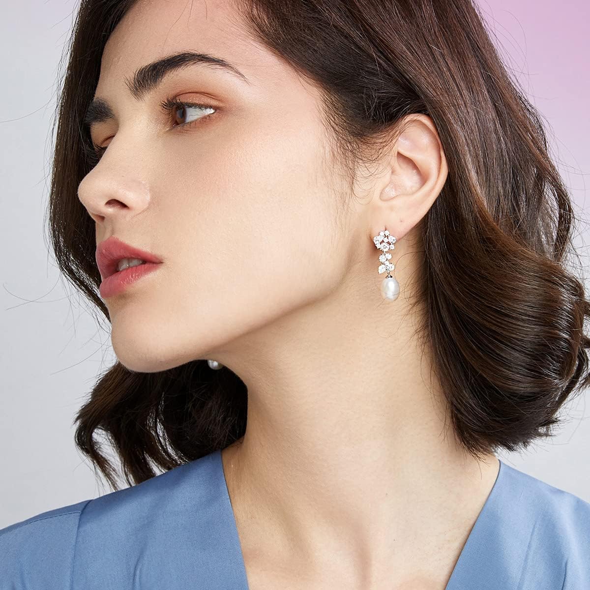 Freshwater Cultured Genuine Pearl Drop Earrings for Women Sterling Silver 9-10 mm Pearls Tennis Cluster CZ Dangle Stud Earrings Wedding - Image 5