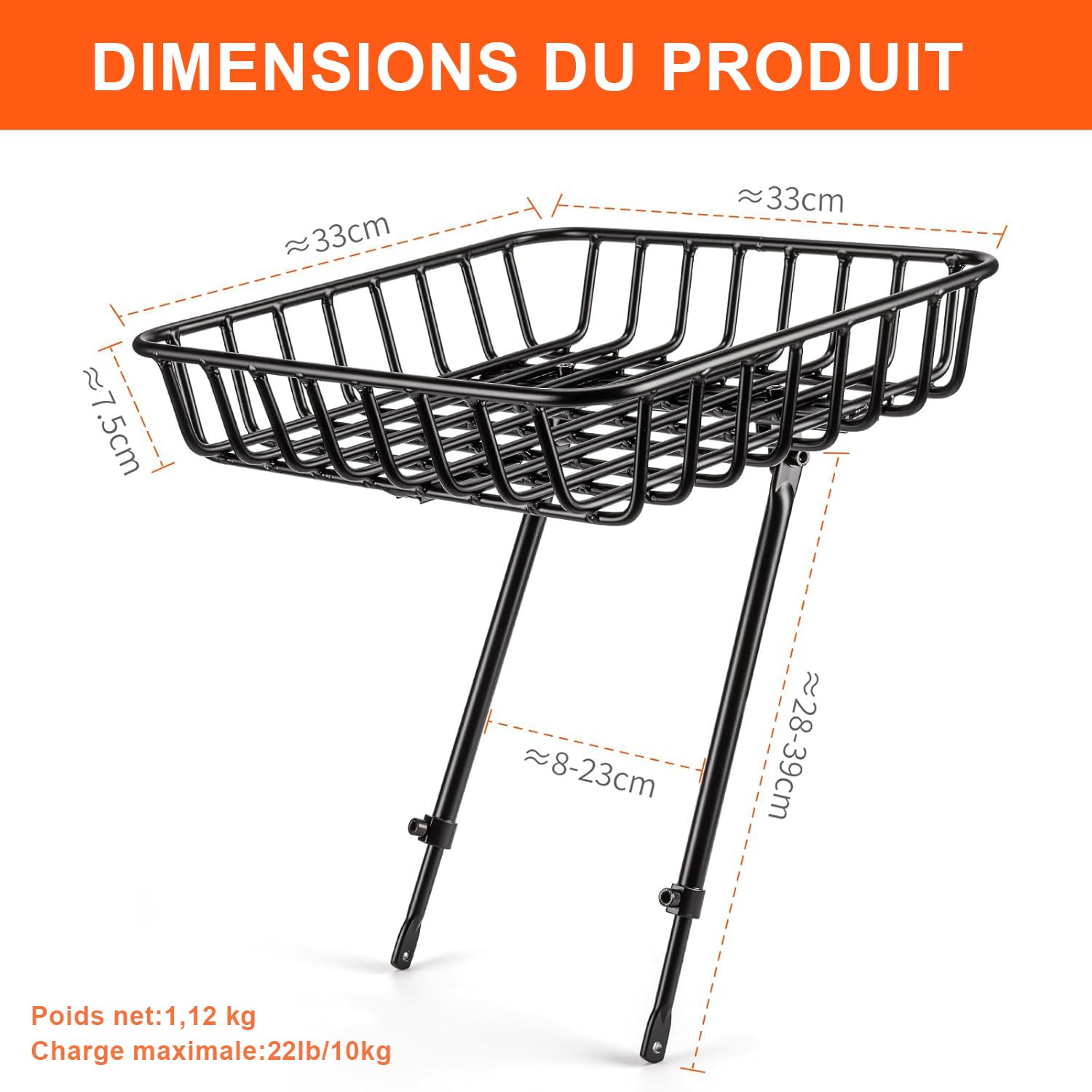 CXWXC Panier de vélo avec porte-bagages avant - Grand panier avant avec barres de maintien - Panier avant en aluminium de grande capacité