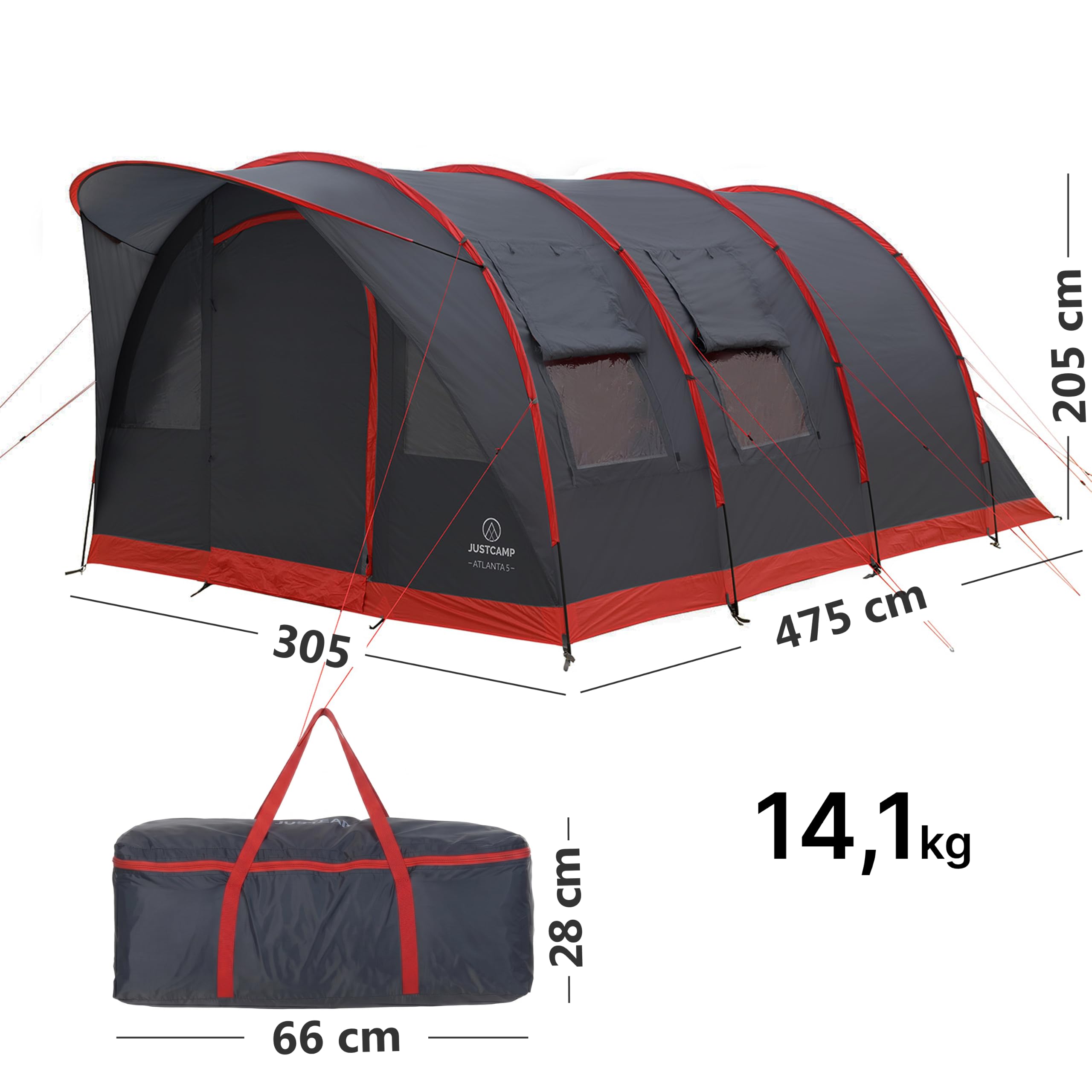JUSTCAMP Atlanta 3-7 Personen Familienzelt Tunnelzelt mit Stehhöhe wasserdicht Campingzelt