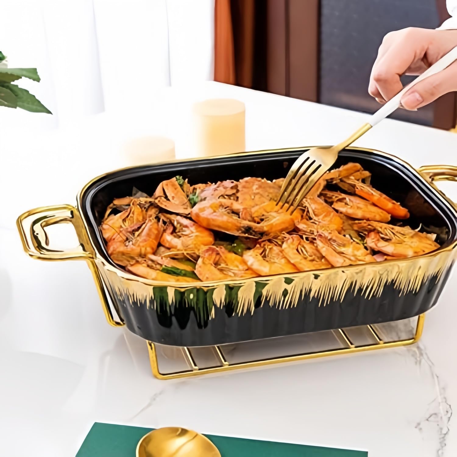 Juego de platos de cerámica, calentador de alimentos con tapas de vidrio para fiestas, bodas y eventos de catering, capacidad de 1.8 L, perfecto para banquetes y reuniones