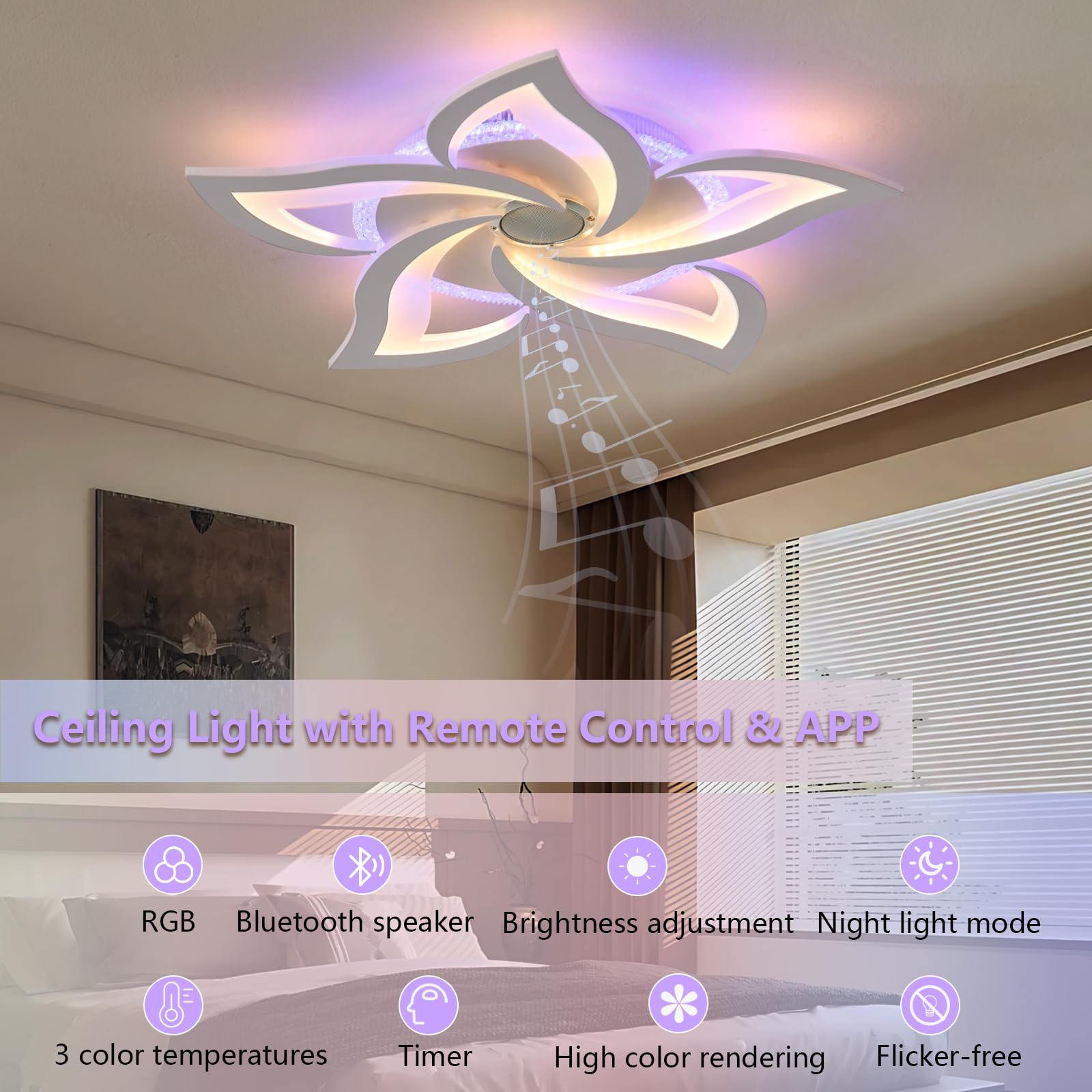 Lampadario Telecomando APP RGB Plafoniera con Altoparlante Bluetooth 3 Temperature di Colore Lampadari con Timer Dimmerabile Luce Notturna e Funzione di Memoria per la Camera da Letto, Bianco