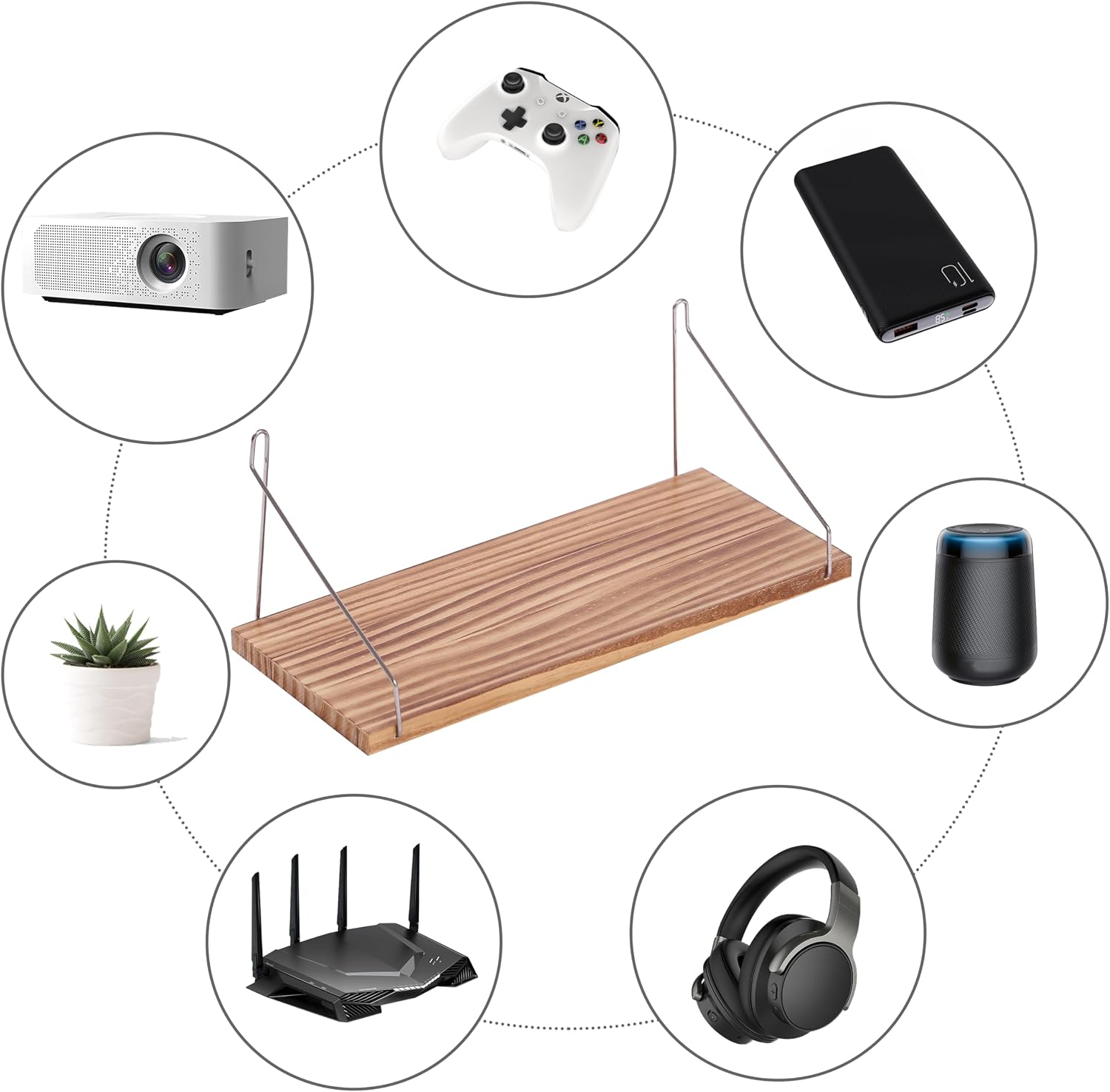 Floating Shelves for Mini Projector 14 * 6 Inch 1 Set Wooden Shelf for Wall No Drill Wall Mounted Under TV Shelf for Storage Hanging Shelf for Bathroom Living Room Bedroom (Brown)