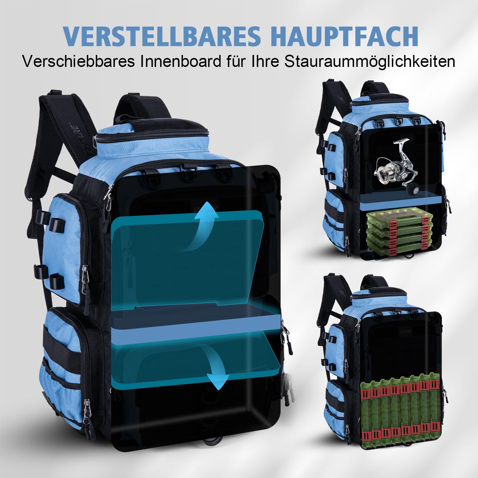 Goture Mochila de pesca con 4 cajas de cebo de pesca, mochila de 45 litros con dos soportes para cañas y protector de lluvia, tela Oxford 600D, bolsa impermeable para aparejos de pesca con