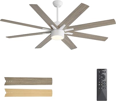 WINGBO 64 Inch Ceiling Fan with Light, 8-Blade Modern Design, 6-Speed Reversible DC Motor, Noiseless Remote Control Ceiling Fans with Lights for Bedroom Living Room Kitchen, White and Wood/Gray