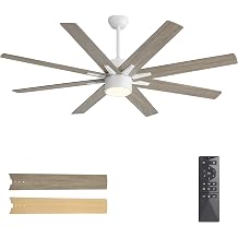 WINGBO 64 Inch Ceiling Fan with Light - 8 Plywood Blades, 6-Speed Reversible DC Motor, Noiseless Remote Control Ceiling Fans with Lights for Bedroom Living Room Kitchen, White and Wood/Gray