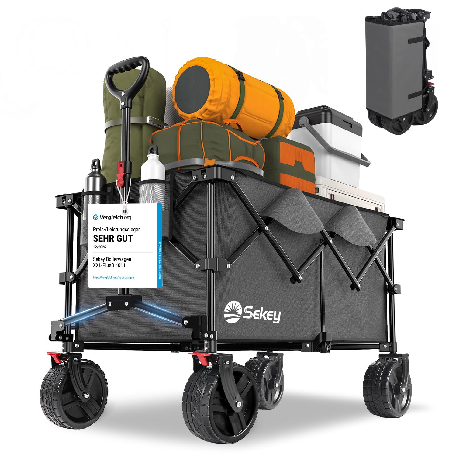 Sekey XXL Plus Bollerwagen Faltbar mit Bremsen 200L 200KG Belastbar, Extra Breite Reifen All Terrain Bollerwagen, Patentiert Zusammenfaltbar aus Vier Richtungen, XXL-PlusB 4011, Anthrazit