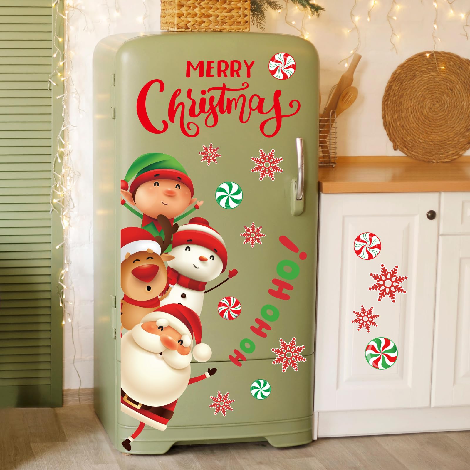 JarThenaAMCS Weihnachts-Türaufkleber, Weihnachtsbaum, Weihnachtsmann, Schneemann, Elch, Süßigkeiten, Schneeflocke, Aufkleber, großes Wandbild, Aufkleber für Zuhause, Kühlschrank, Wand, Fenster,