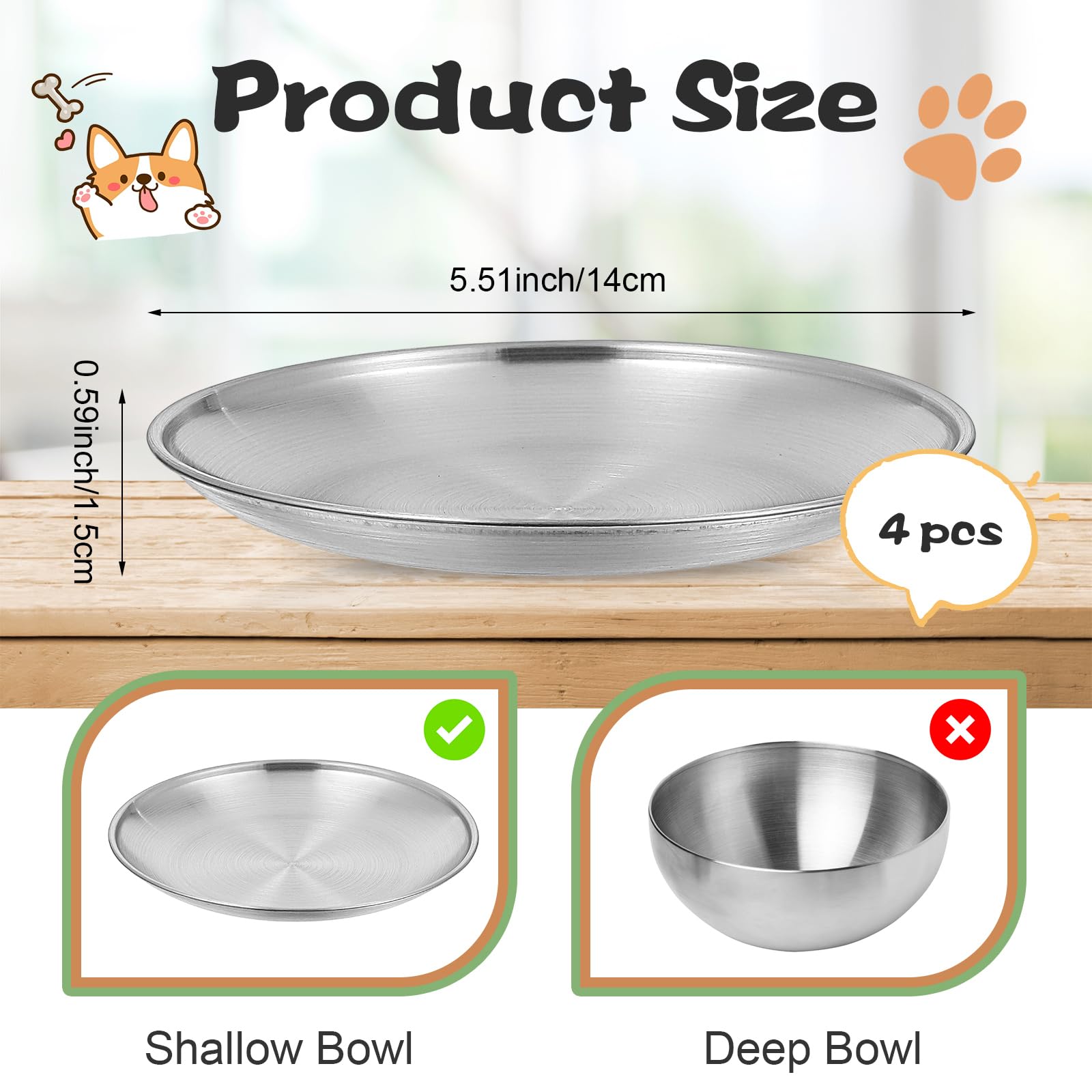 Gjinxi 4 Pcs Small Cat Bowls Set 5.51'', Classic Cat Dishes, Stainless Steel Cat Bowl, Shallow Bowls, Cat Food Plate, Cat Feeding Bowls, Cat Water and Food Bowl to Prevent Whisker Fatigue (7.05 OZ)