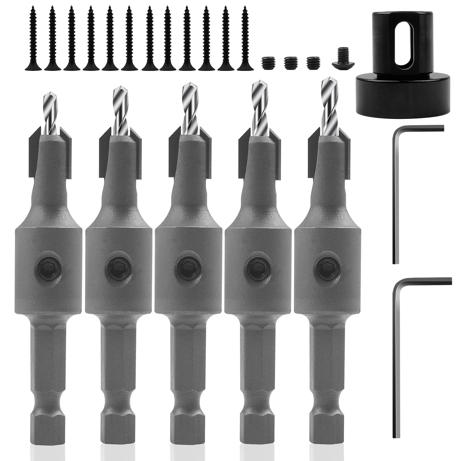 KOWOOD Countersink Drill Bit Set 5 Pieces 1/4" Hex Shank with Adjustable Depth Stop for Wood, High Speed Steel Woodworking Carpentry Reamer Including