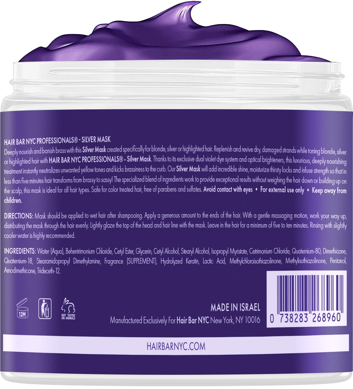 Hair Bar NYC Silver Mask, 16.9oz / 500ml - Triple Power Toning Purple Hair Mask for Blonde, Silver & Platinum Hair - Infused with Keratin & Biotin