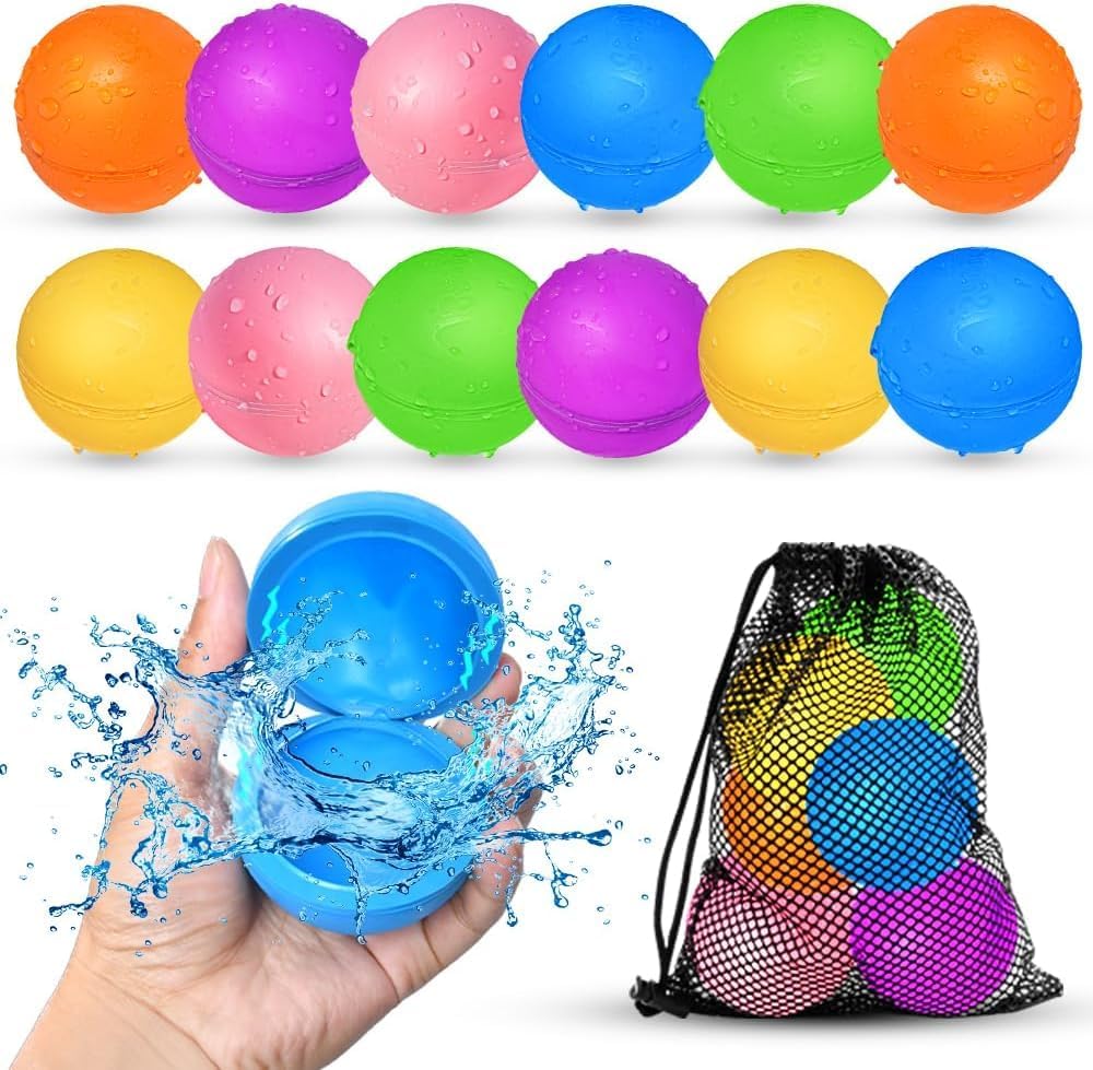 12PCS Reusable Water Balloons - Quick Fill Water Balls Toys For Toddler Age 4-8 - Refillable Self-Sealing Water Splash Bomb For Summer Party Pool Outdoor Beach Toys