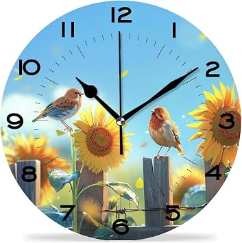 Funny 10 Inch Wall Clocks Battery Powered Decor,Bird Sunflower Floral Flower Elaborate