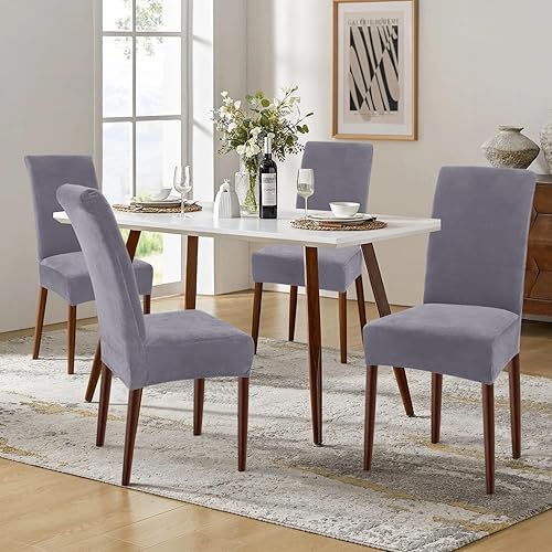 Miniatura 2 de smiry - Fundas para sillas de comedor de terciopelo elástico y suave, extraíbles, Terciopelo, Gris plateado