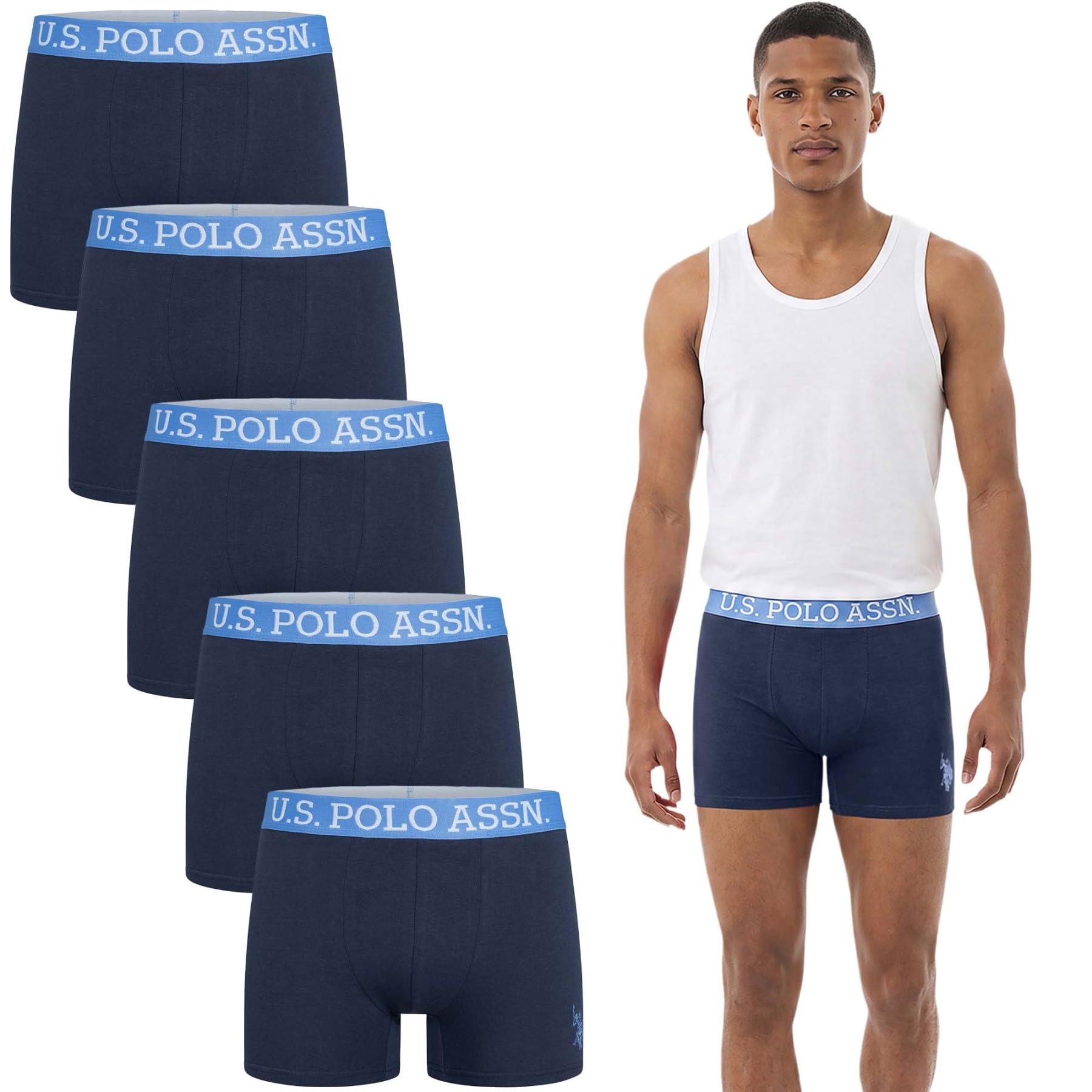 U.S. POLO ASSN. Męskie bokserki (M-3XL) w sportowym opakowaniu, 5 sztuk, miękka mieszanka bawełny - P008