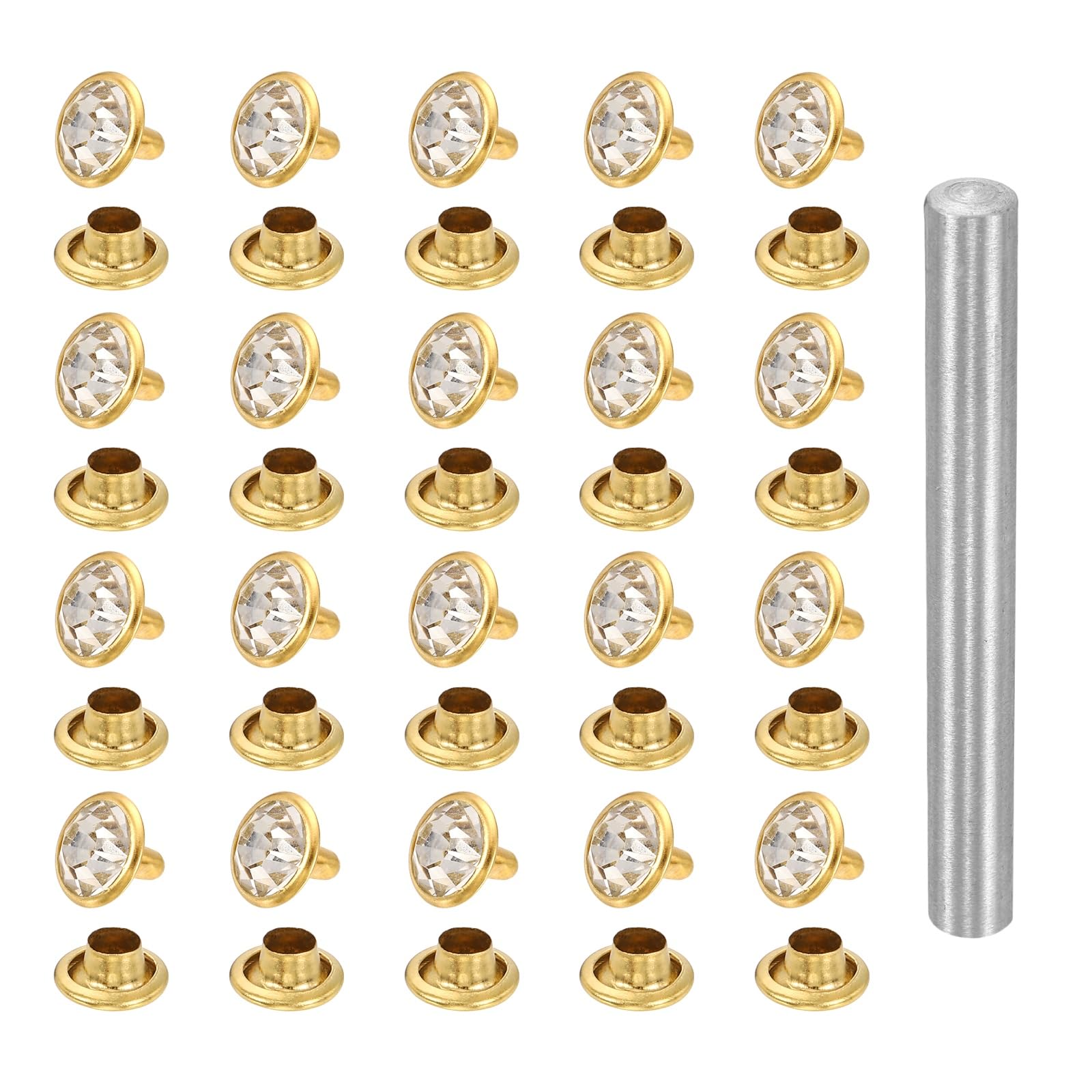 sourcing map 100pcs Crystal Rivets 10mm Rhinestone Rapid Stud Rivets with Steel Installation Tool for Clothing Leather Fabric Arts Crafts Decoration Leathercraft, Gold White