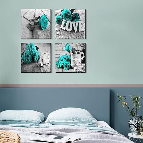 Miniatura 5 de Arte de pared con diseño de rosas de color turquesa, verde azulado, negro y blanco, impresiones de pinturas rústicas y modernas con diseño de amor,