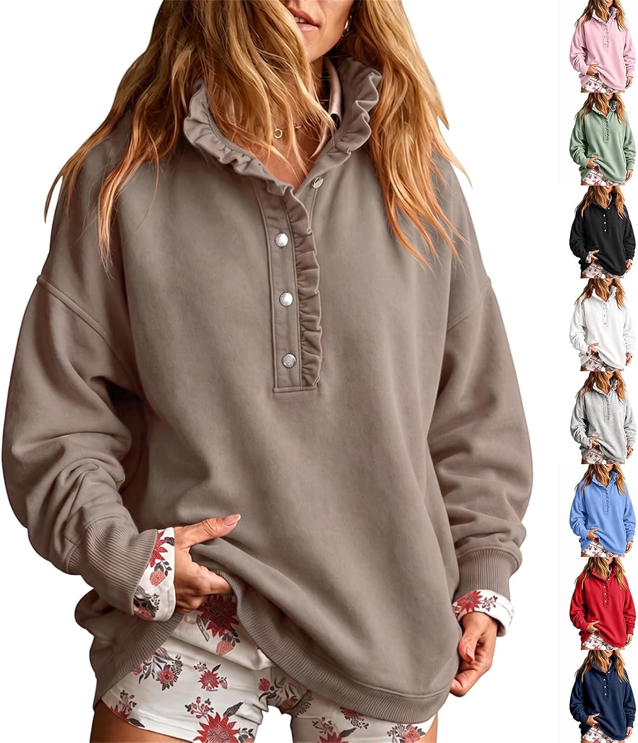 Button Mock Neck Sweatshirt Women Oversized