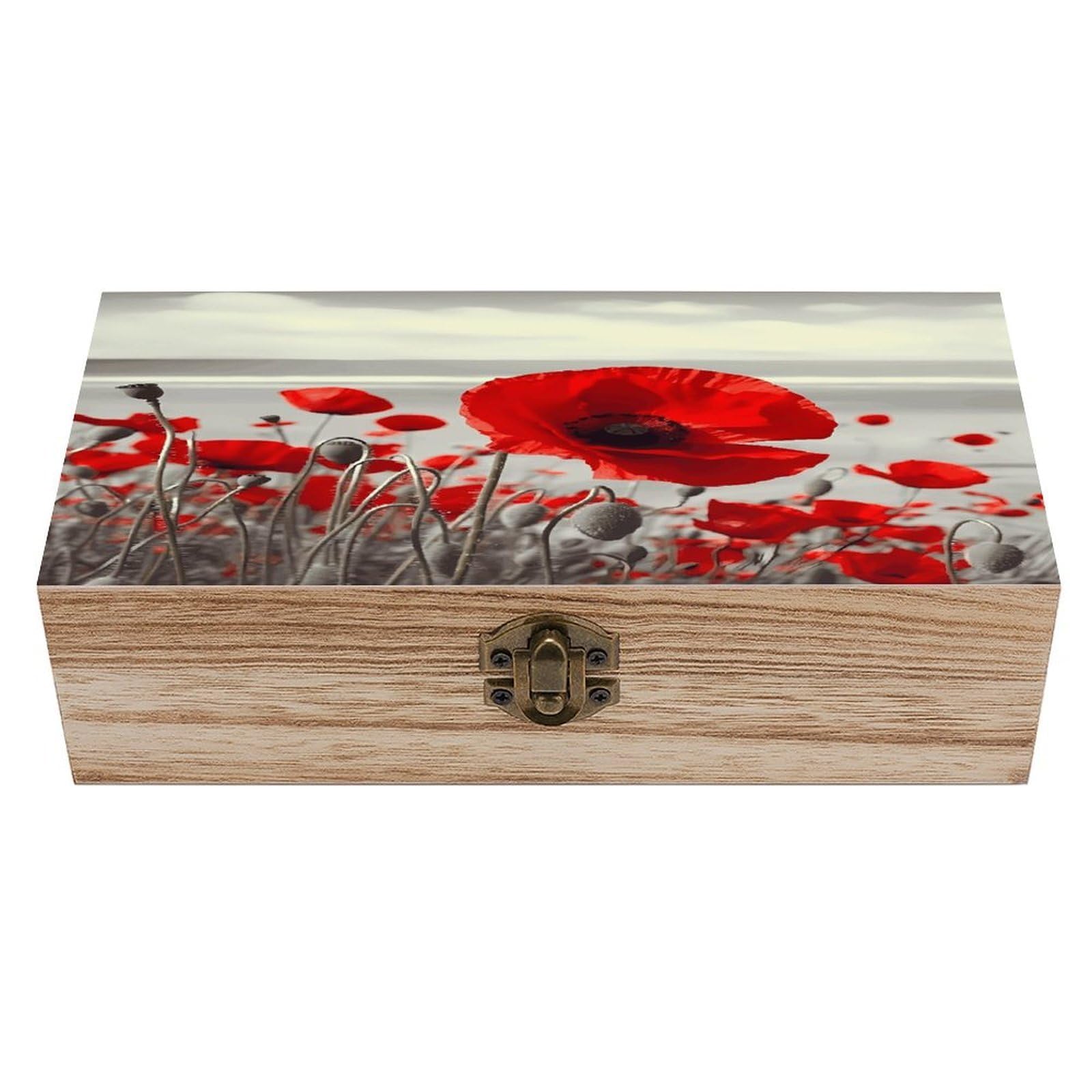 VstaDank Red Poppy Flower Wooden Storage Box with Hinged Lid Natural Wooden Box Beautifully Keepsake Boxes Vintage Wood Boxes Jewelry Organizer Trinket Storage Chest Unique Gift