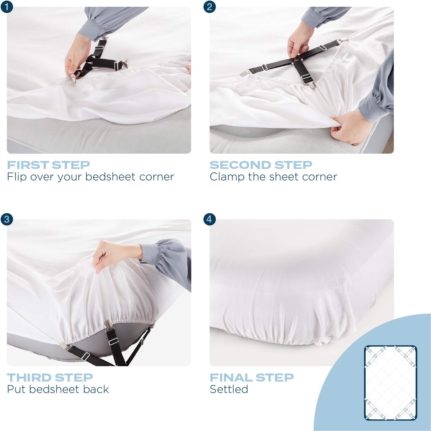 Sheet Straps with Heavy Duty Suspenders, Clips, and Adjustable Bed Bands to Keep Sheets from Sliding Available in Twin, Full, Queen, and King Sizes