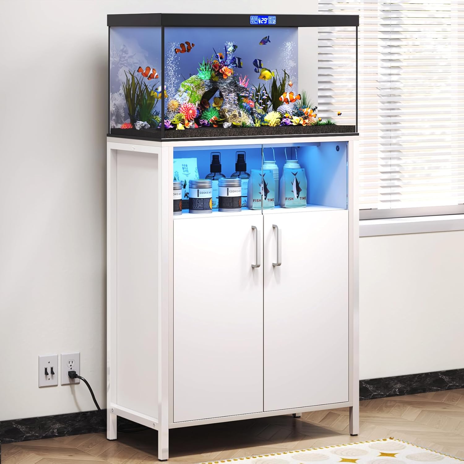 TC-HOMENY 10-20 Gallon Fish Tank Stand with LED Lights, 700LBS Capacity Aquarium Stand with Power Outlets, Heavy Duty Fish Tank Table with Storage Cabinet, Aquarium Table for Reptile Terrarium Stand, 23.6" x 11.8" x 31.5''