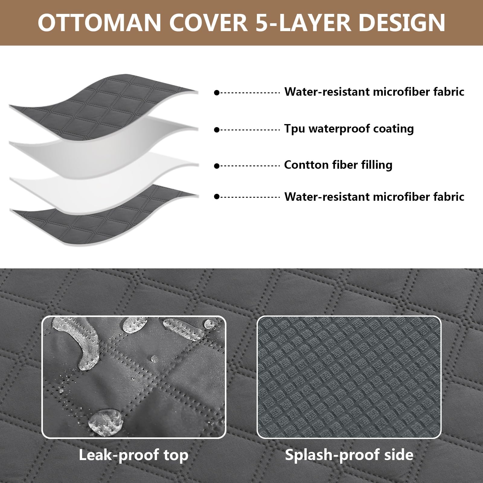 Funda Puff Rectangular XL Ajustable, Impermeable Cubierta Reposapies Sofa Acolchado Jacquard Funda Otomana Lavable Protector para Taburete Antiarañazos Gatos Gris