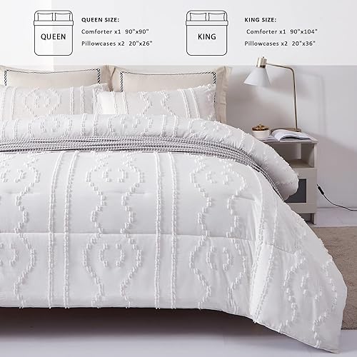 Miniatura 7 de Luxudecor Juego de edredón blanco copetudo, tamaño Queen, edredón bohemio con textura bordada, juego de ropa de cama bordado de 3 piezas, edredón