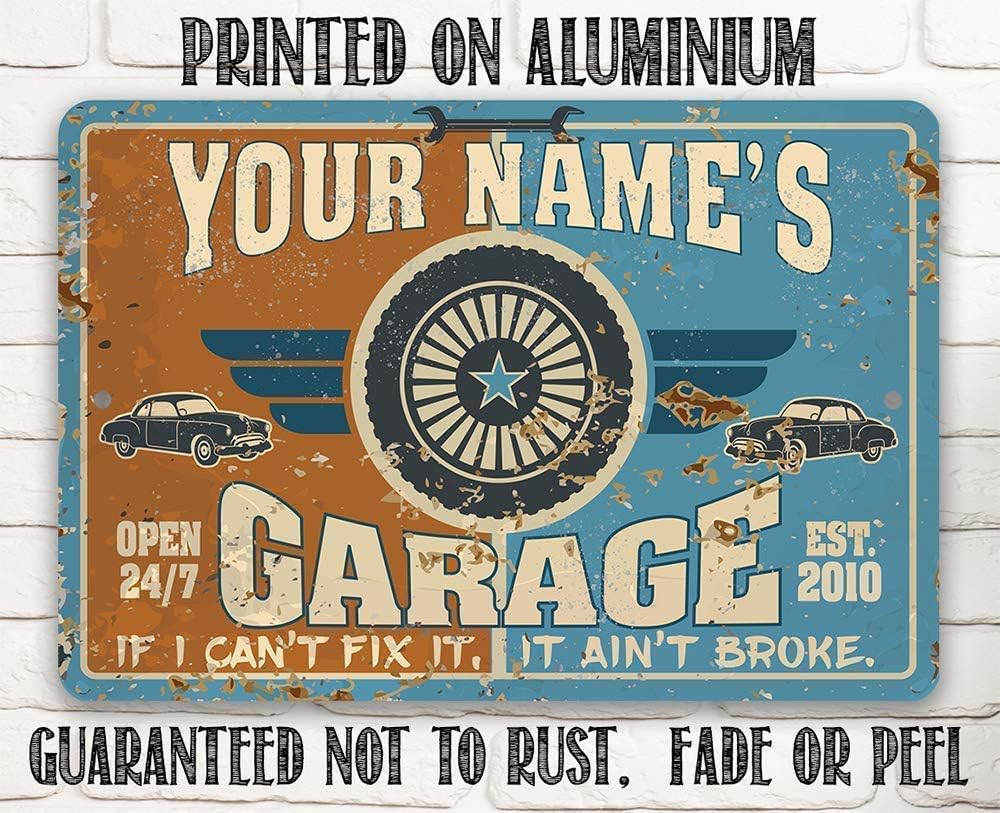 Personalized Garage - Vintage Workshop Garage Sign for Men, Auto Shop Decor and Man Cave Accessories, Mechanic Gift for Father's Day, 8x12 or 12x8 Indoor or Outdoor Rustic Style Metal Tin Sign