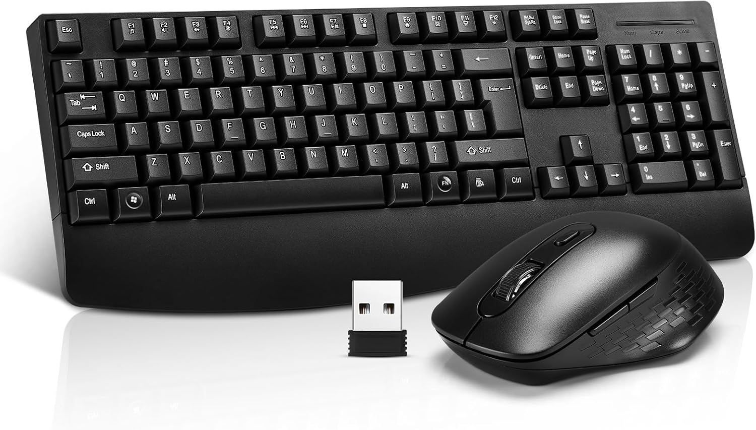 Wireless Computer Keyboard And Mouse Combo with Palm Rest, Large Number Pad, LED Indicators，2.4Ghz Ergonomic, Foldable Stands,Anti-Wear Letters Full Size Keyboard for Windows Mac PC Laptop-Black