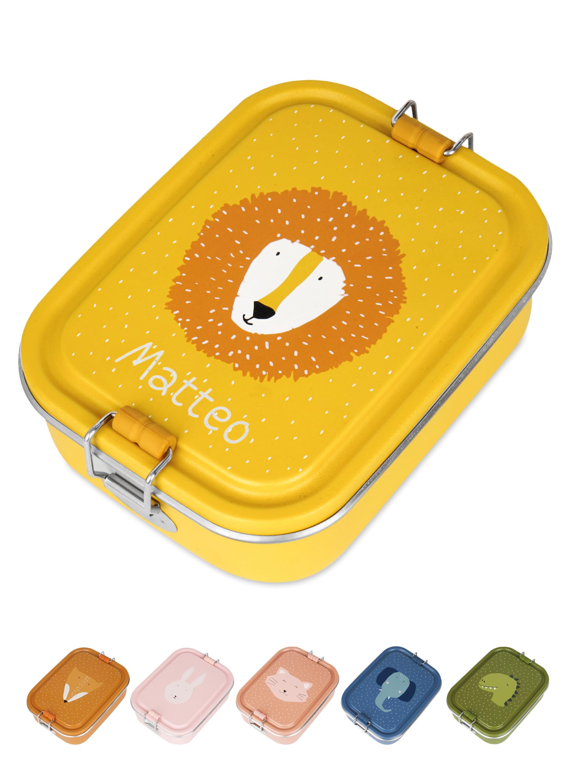 wunderwunsch TRIXIE Lunchbox Edelstahl Tier personalisiert, individualisiert mit deinem Wunschnamen, für Schule, Kindergarten als Geschenk für Kinder zur Einschulung (Löwe mit Name, klein)