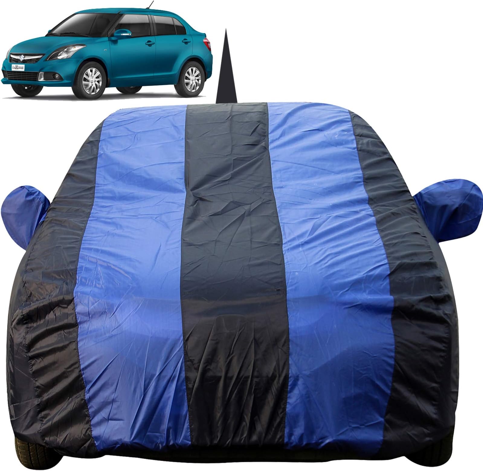 Autofact Light Weight, Triple Stitched, Heavy Buckle, Fully Elastic, Royal Blue Stripes with Navy Blue Color Car Body Cover with Mirror and Antenna Pocket for Maruti Swift Dzire (2012 to 2016)