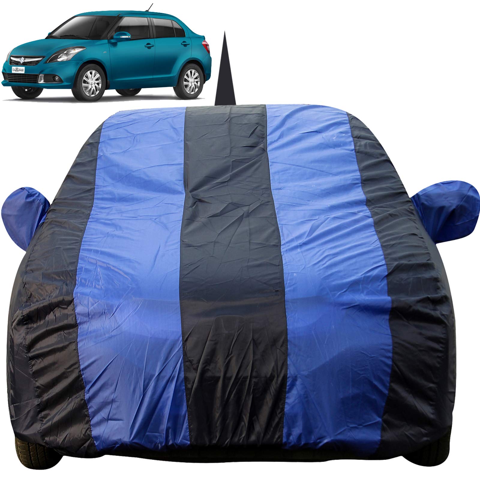 Autofact Light Weight, Triple Stitched, Heavy Buckle, Fully Elastic, Royal Blue Stripes with Navy Blue Color Car Body Cover with Mirror and Antenna Pocket for Maruti Swift Dzire (2012 to 2016)