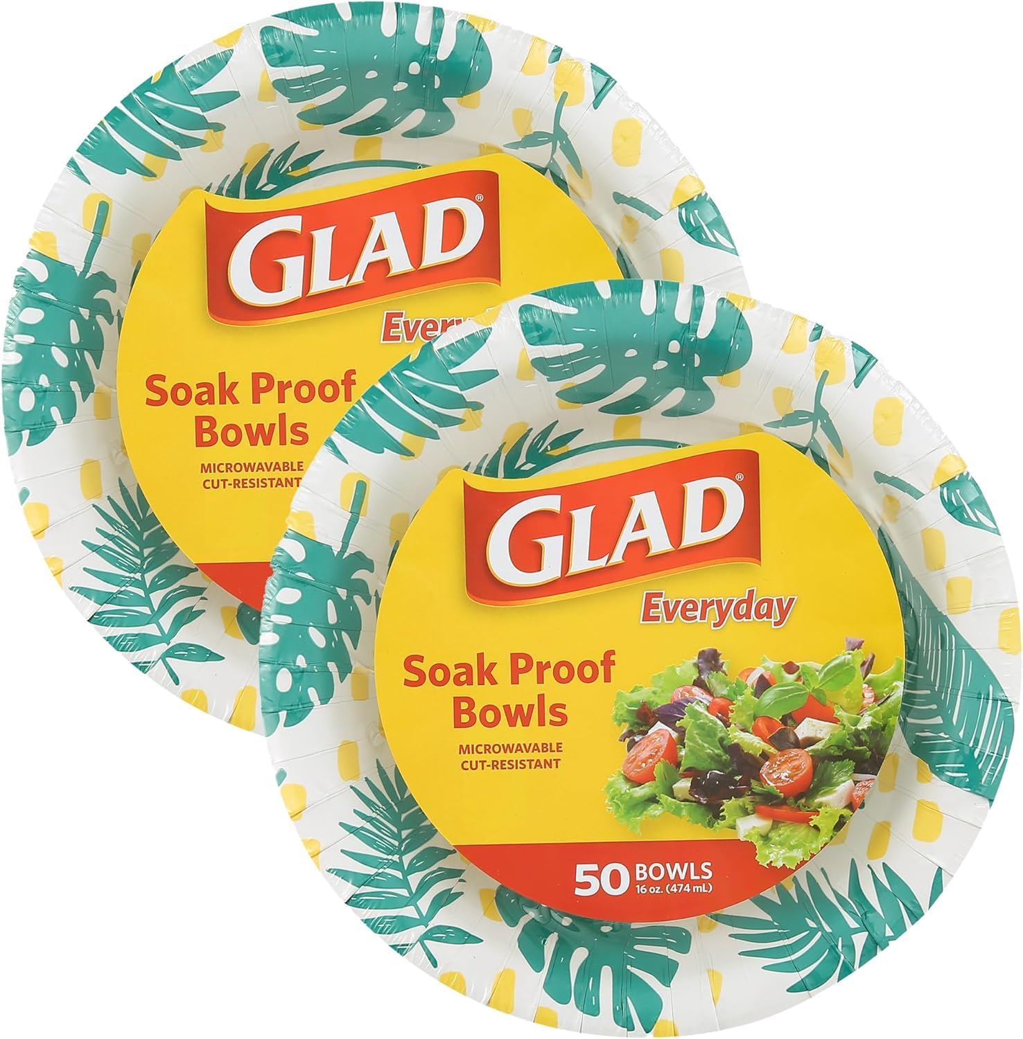 Glad Soak-Proof Palm Leaves Paper Bowls, Heavy-Duty Round Disposable Bowls for Soup, Salad and Snacks, Cut-Resistant and Microwave Safe for Daily Meals, Picnics and Parties, 16 Oz, 50 Count - 2 Pack