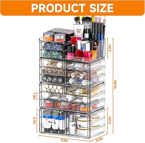 Miniatura 3 de Cq acrylic Organizadores de maquillaje para tocador con 14 cajones, paquete de 4 organizadores de cajones transparentes, bonitos accesorios de
