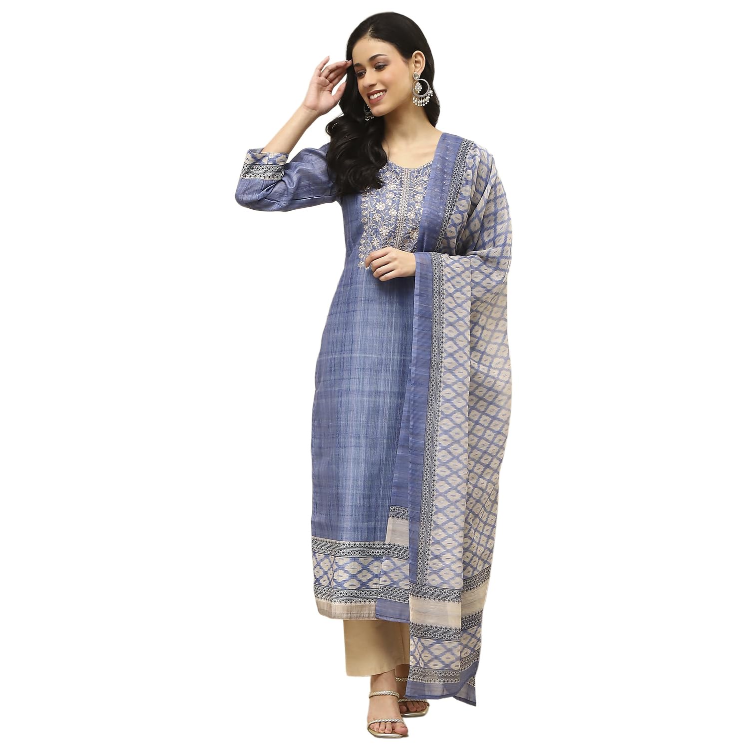 biba Women Navy Blue Cotton Machine Embroidered Unstitched Suit Set_FREE SIZE-picture-11