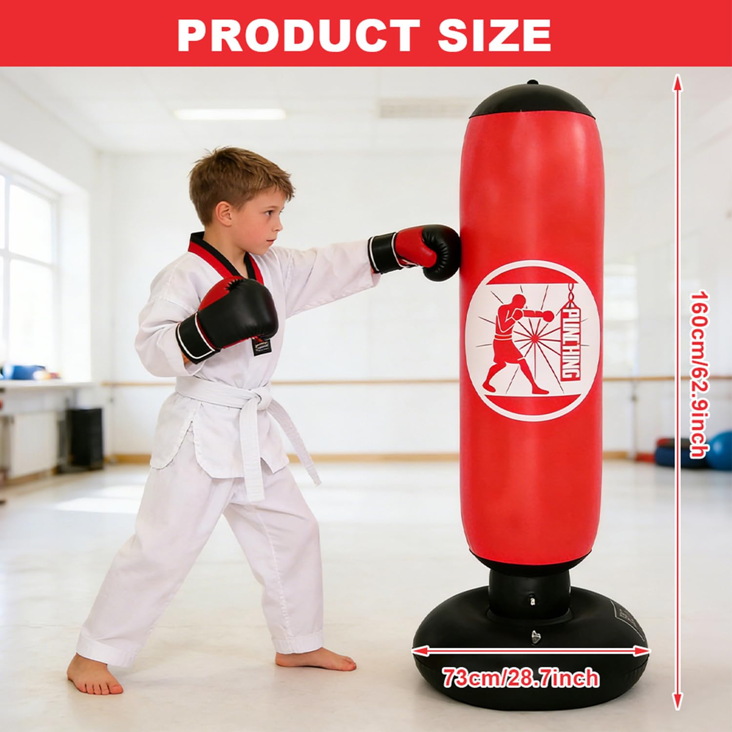 Boxsack für Kinder von 6–12 Jahren, 160cm Aufblasbarer Standboxsack mit Luftpumpe, Boxsack Stehend für Jungen und Mädchen ab 6 Jahren für Jungen und Mädchen Üben von Karate, Taekwondo, MMA