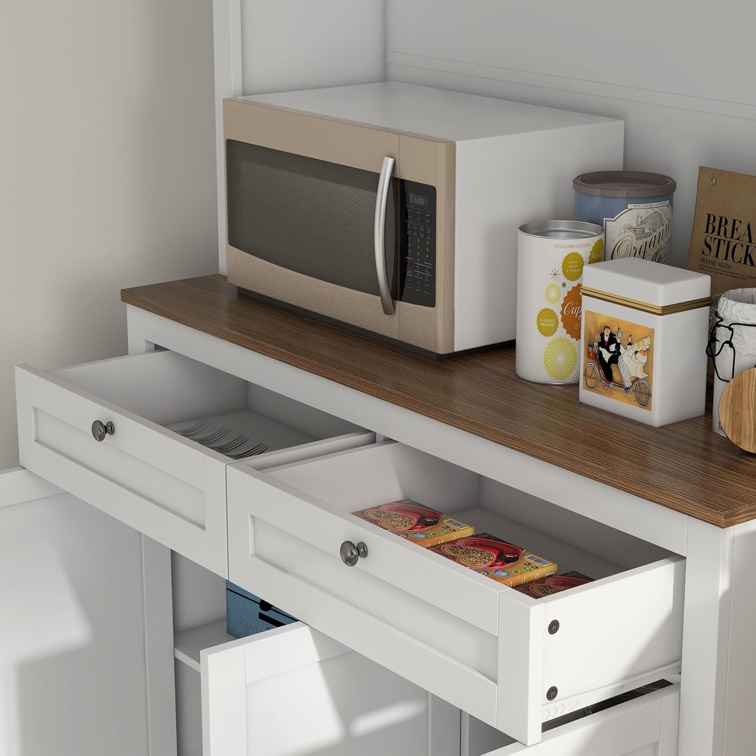 Close-up of open drawers with items inside