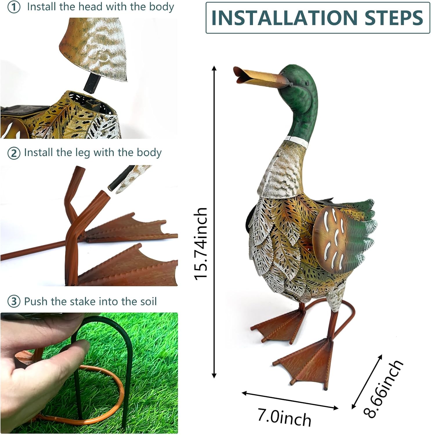 HONGLAND Solar Outdoor Metal Duck Sculpture, 16" Mallard Duck Garden Statue with Lights for Outdoor Patio, Backyard, Lawn, Home Kitchen Decoration