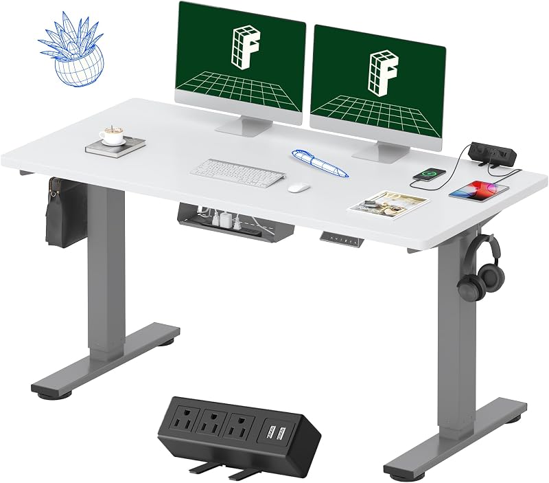 FLEXISPOT EN2 Escritorio de pie de 55 x 28 pulgadas con paquete de regleta, blanco | Escritorio de una sola pieza, paquete de regletas de alimentación con abrazadera de fácil acceso, gestión de cables organizada, configuración moderna de oficina en casa