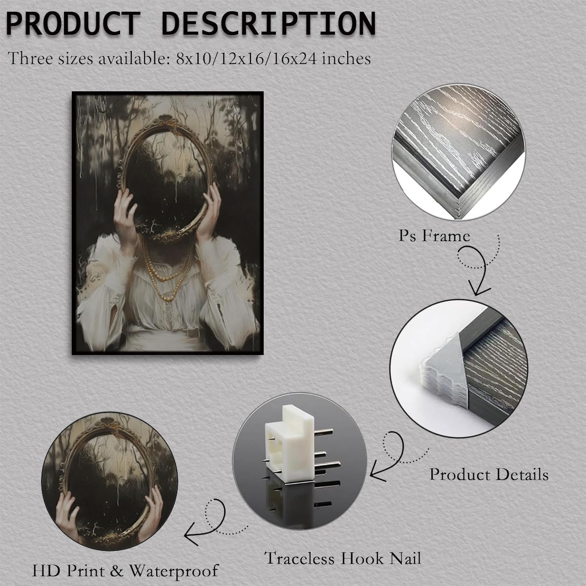 WOKAOGO Black Framed Wall Art Mirror Witch Wall Decor Dark Academia Canvas Art Gothic Pictures Vintage Paintings Victorian Prints Moody Artwork for Bedroom Bathroom