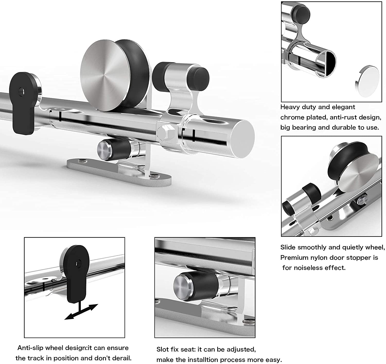 TSMST Binario scorrevole in acciaio inox, 228 cm, per porte in legno, senza intoppi e silenziosi (gancio a forma di T)