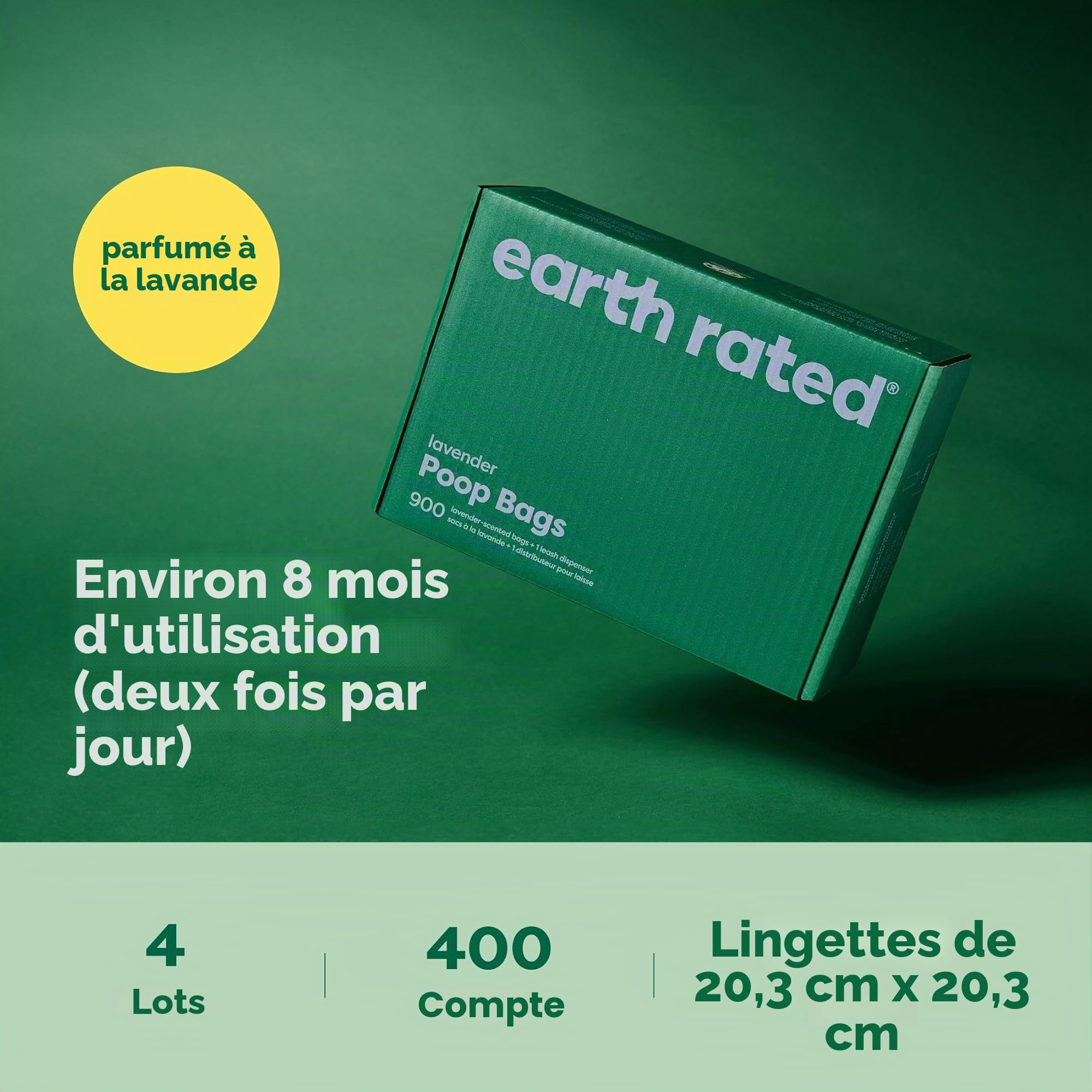Earth Rated Lingettes hypoallergéniques pour Chiens, nettoyantes et Anti-odeurs, pour Pattes, Corps et arrière-Train, parfaites pour Chiots et Chiens Adultes, Parfum Lavande, 400 lingettes