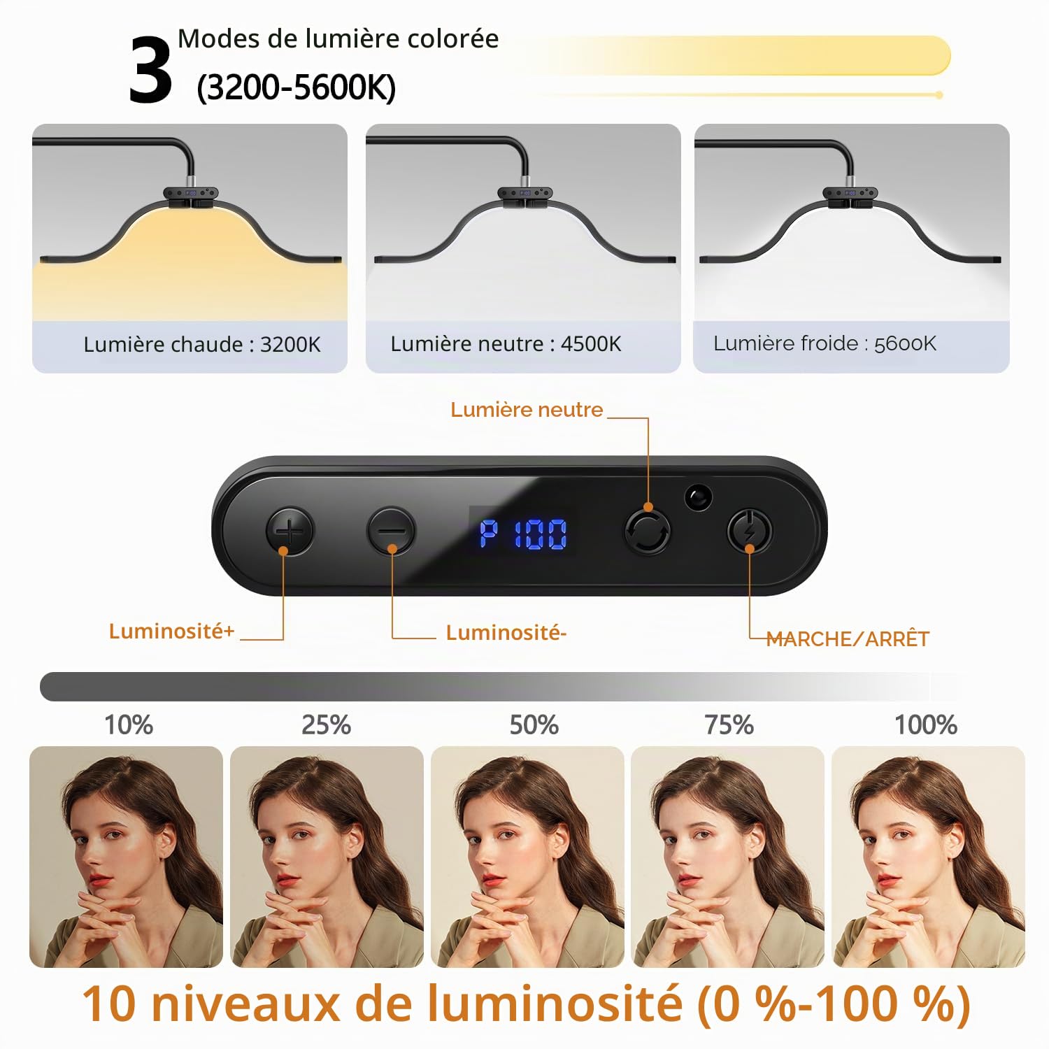 Lampe Lune Extensions de Cils LED avec Support pour Téléphone, Luminosité et Hauteur Réglables