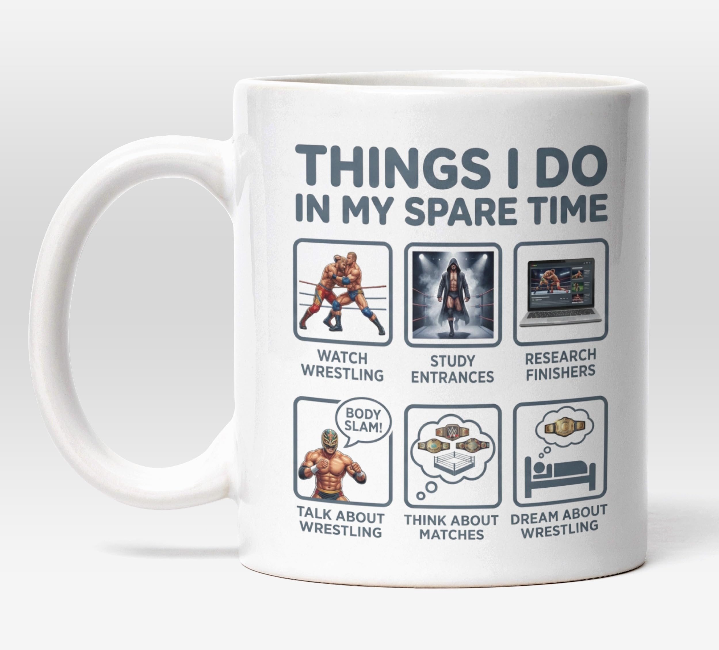Millhouse Prints Things I Do in My Spare Time Wrestling Mug – Wrestling Fan Coffee Cup – Pro Wrestler Moves – 11oz Ceramic