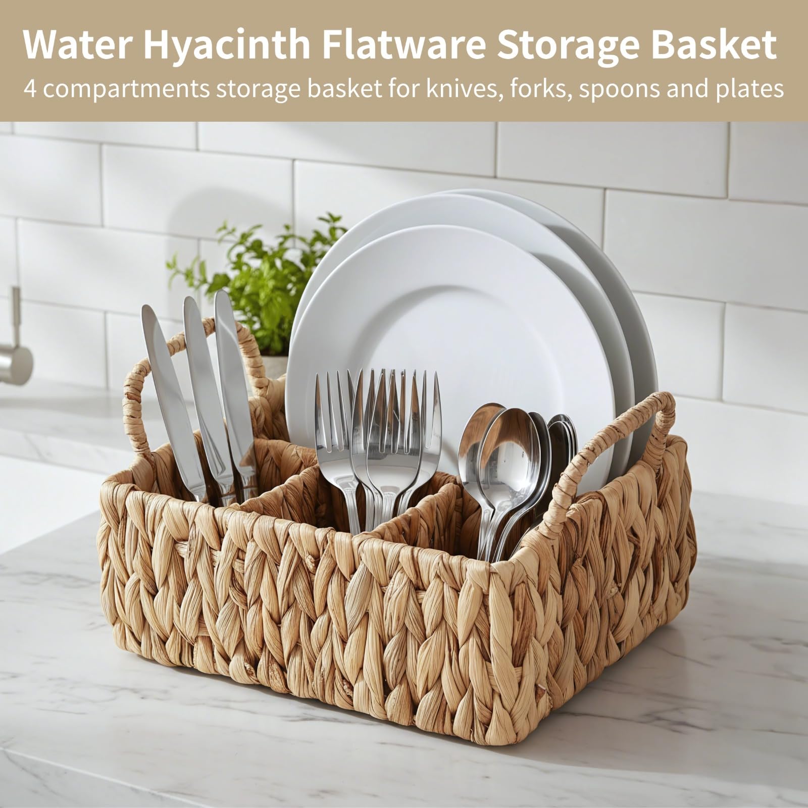 Utensilienkorb aus Wasserhyazinthe, 4-Fach-Besteckaufbewahrung mit 2 Griffen, geteilte Besteckablage im Landhausstil, geflochtener Organizer für Küche, Esstisch und Buffet, 26,5 x 21,5 x 15,5 cm